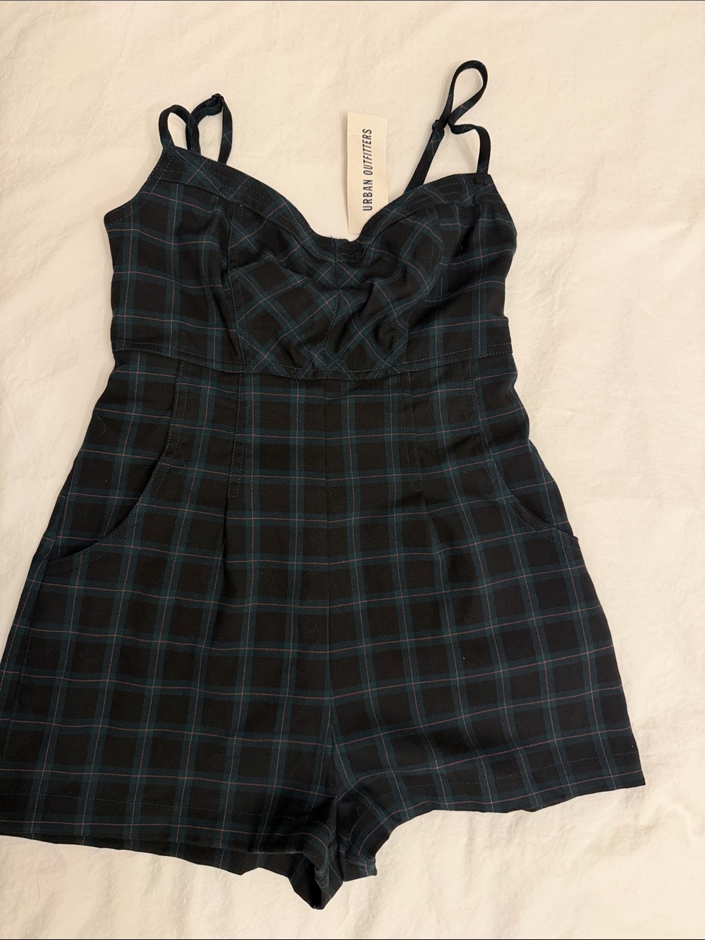 Urban Outfitters Black and Blue Plaid Spaghetti-Strap Romper